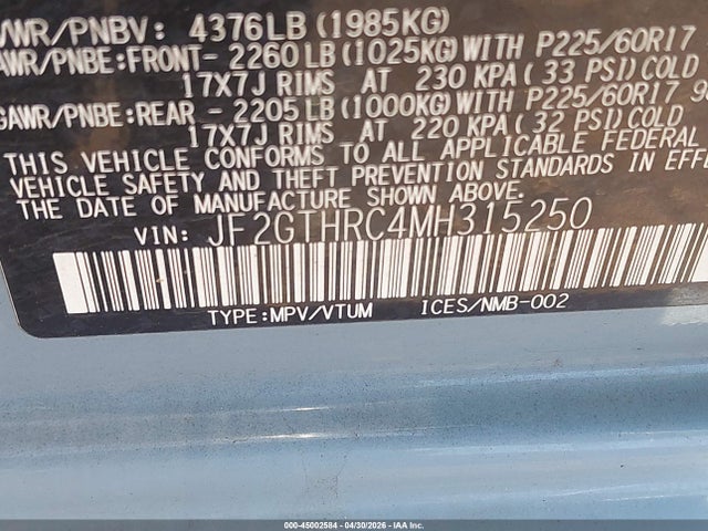 2021 Subaru Crosstrek Sport მანქანა იყიდება აუქციონზე, vin: JF2GTHRC4MH315250, აუქციონის ნომერი: 45002584