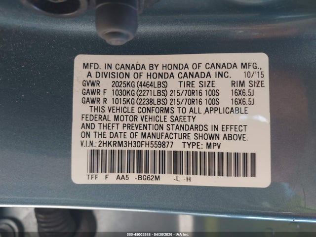 45002588 :رقم المزاد ، 2HKRM3H30FH559877 vin ، 2015 Honda Cr-v Lx مزاد بيع