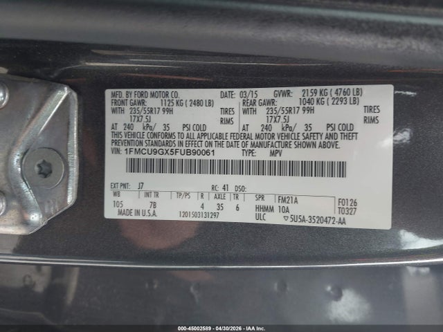 Aukcja sprzedaży 2015 Ford Escape Se, vin: 1FMCU9GX5FUB90061, numer aukcji: 45002589