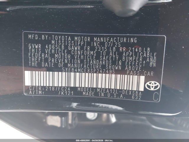 Продаж на аукціоні авто 2025 Toyota Corolla Fx, vin: 5YFB4MCE8SP247495, номер лоту: 45002591