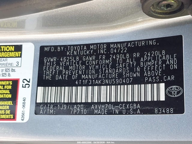 4T1F31AK3NU590407 Toyota Camry Xle Hybrid