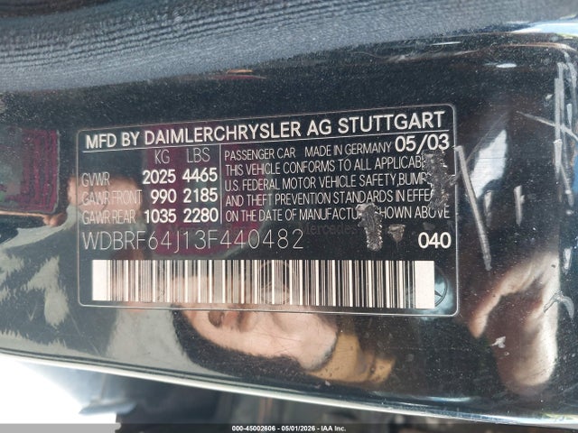 45002606 :رقم المزاد ، WDBRF64J13F440482 vin ، 2003 Mercedes-benz C 320 Sport مزاد بيع