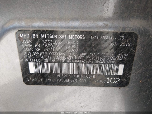 Продажа на аукционе авто 2019 Mitsubishi Mirage G4 Es, vin: ML32F3FJ6KHF10646, номер лота: 45002612