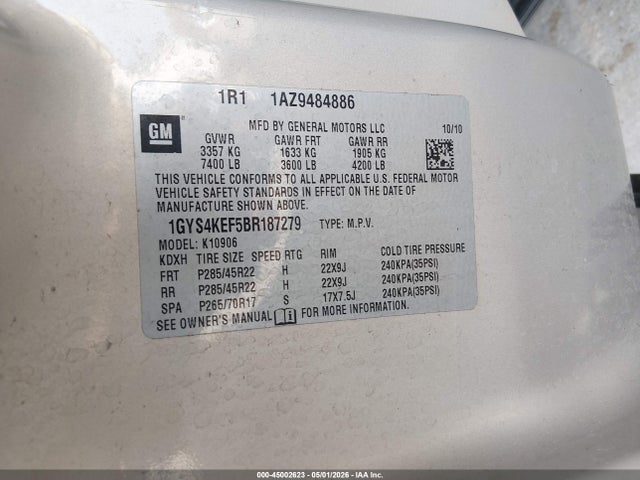 45002623 :رقم المزاد ، 1GYS4KEF5BR187279 vin ، 2011 Cadillac Escalade Esv Platinum Edition مزاد بيع