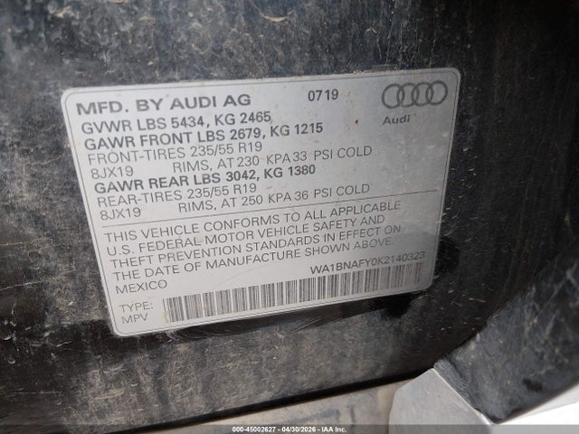 2019 Audi Q5 45 Premium მანქანა იყიდება აუქციონზე, vin: WA1BNAFY0K2140323, აუქციონის ნომერი: 45002627