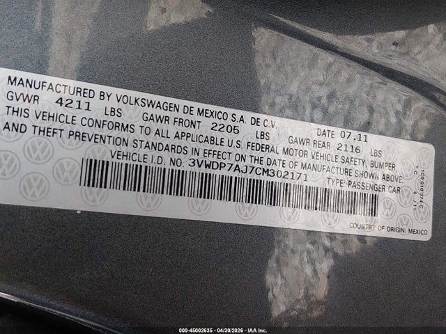 Продажа на аукционе авто 2012 Volkswagen Jetta 2.5l Se, vin: 3VWDP7AJ7CM302171, номер лота: 45002635