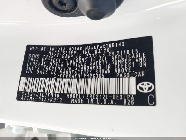 Aukcja sprzedaży 2020 Toyota Corolla Le, vin: 5YFEPRAE0LP126305, numer aukcji: 45002637