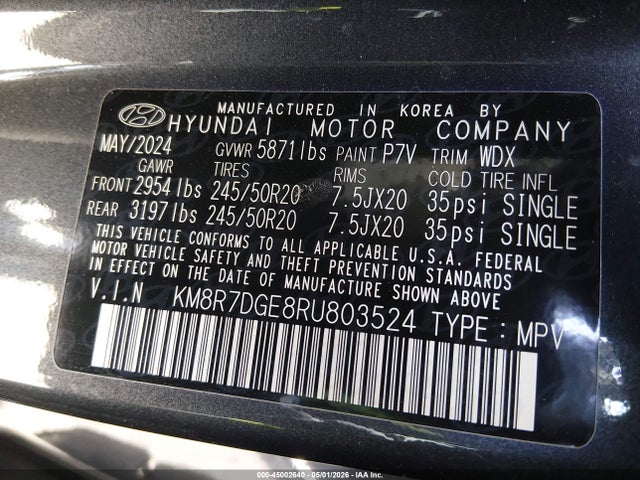 Aukcja sprzedaży 2024 Hyundai Palisade Calligraphy, vin: KM8R7DGE8RU803524, numer aukcji: 45002640
