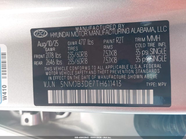2026 Hyundai Tucson Sel მანქანა იყიდება აუქციონზე, vin: 5NMJB3DE7TH611413, აუქციონის ნომერი: 45002643