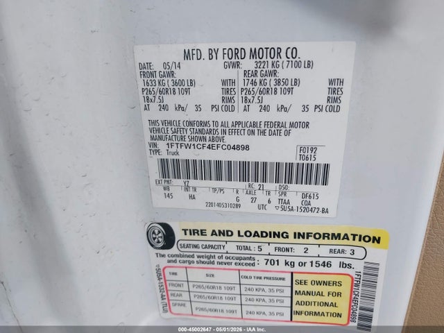 2014 Ford F-150 Lariat მანქანა იყიდება აუქციონზე, vin: 1FTFW1CF4EFC04898, აუქციონის ნომერი: 45002647