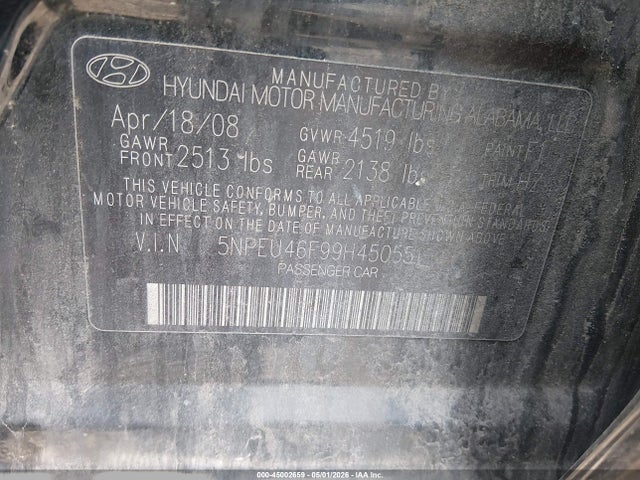 2009 Hyundai Sonata Limited V6 მანქანა იყიდება აუქციონზე, vin: 5NPEU46F99H450551, აუქციონის ნომერი: 45002659
