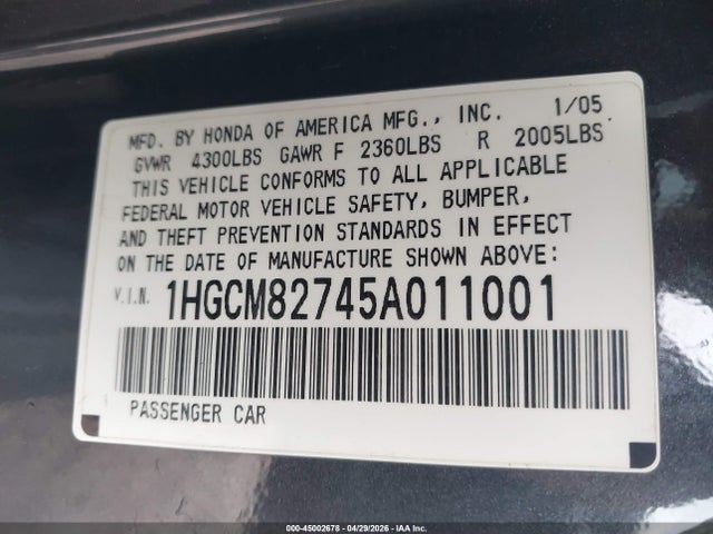 2005 Honda Accord 3.0 Ex მანქანა იყიდება აუქციონზე, vin: 1HGCM82745A011001, აუქციონის ნომერი: 45002678