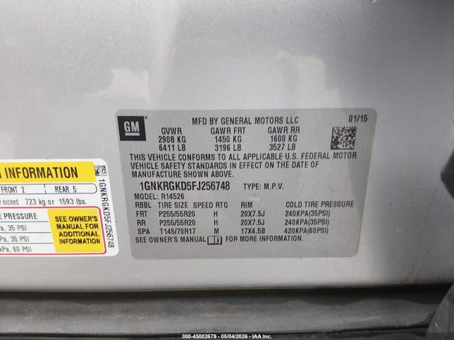 45002679 :رقم المزاد ، 1GNKRGKD5FJ256748 vin ، 2015 Chevrolet Traverse 1lt مزاد بيع