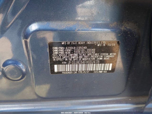 2015 Subaru Impreza 2.0i Premium მანქანა იყიდება აუქციონზე, vin: JF1GJAC64FH002478, აუქციონის ნომერი: 45002681