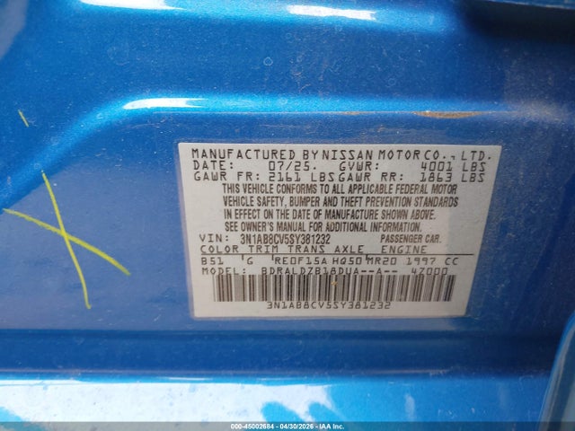 Продаж на аукціоні авто 2025 Nissan Sentra Sv, vin: 3N1AB8CV5SY381232, номер лоту: 45002684