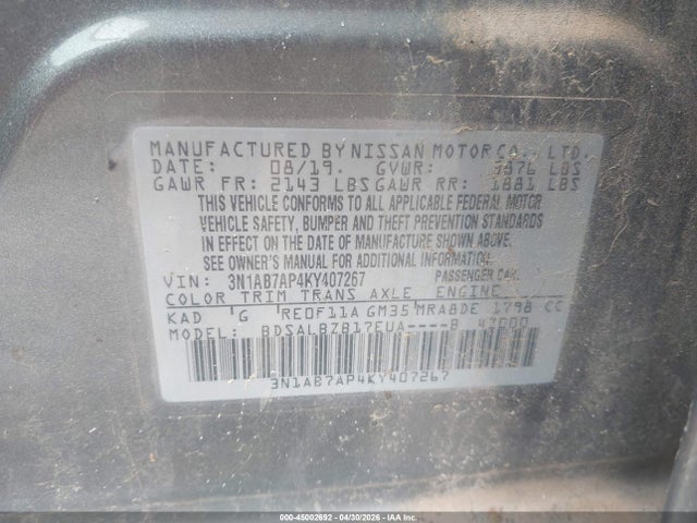 2019 Nissan Sentra S მანქანა იყიდება აუქციონზე, vin: 3N1AB7AP4KY407267, აუქციონის ნომერი: 45002692