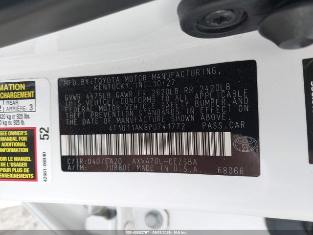 2023 Toyota Camry Se მანქანა იყიდება აუქციონზე, vin: 4T1G11AK8PU741772, აუქციონის ნომერი: 45002707