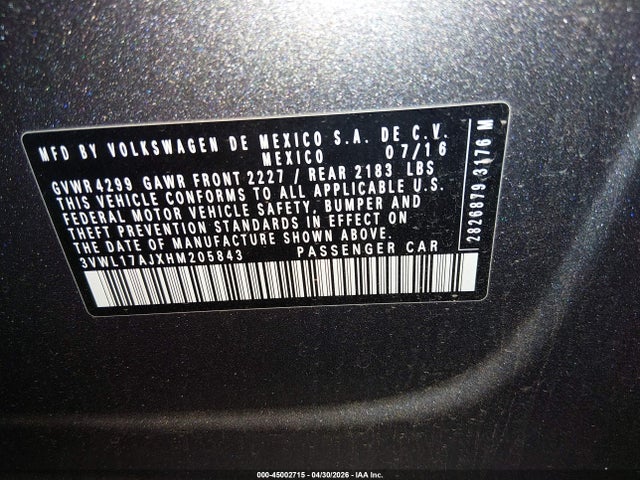 3VWL17AJXHM205843 Volkswagen Jetta 1.8t Sel