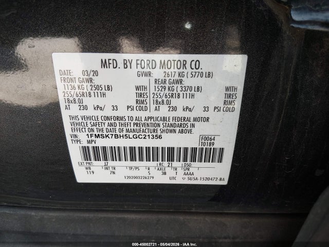 Продаж на аукціоні авто 2020 Ford Explorer, vin: 1FMSK7BH5LGC21356, номер лоту: 45002721