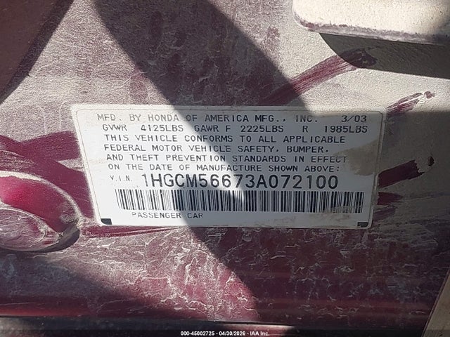 45002725 :رقم المزاد ، 1HGCM56673A072100 vin ، 2003 Honda Accord 2.4 Ex مزاد بيع