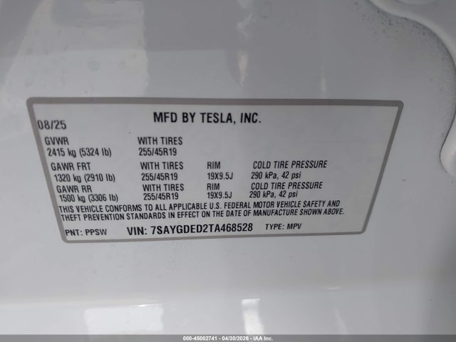 Aukcja sprzedaży 2026 Tesla Model Y, vin: 7SAYGDED2TA468528, numer aukcji: 45002741