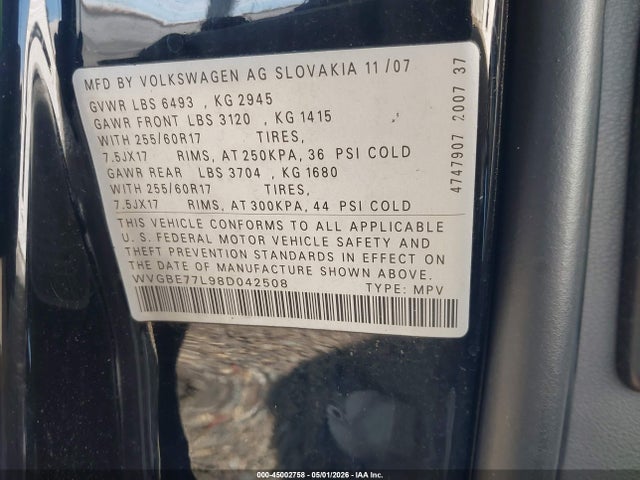 45002758 :رقم المزاد ، WVGBE77L98D042508 vin ، 2008 Volkswagen Touareg 2 Vr6 Fsi مزاد بيع