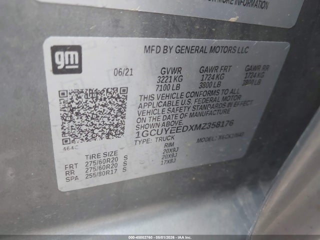 Продаж на аукціоні авто 2021 Chevrolet Silverado 1500 4wd  Short Bed Rst, vin: 1GCUYEEDXMZ358176, номер лоту: 45002760