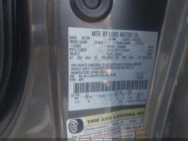 2010 Lincoln Navigator მანქანა იყიდება აუქციონზე, vin: 5LMJJ2H57AEJ02535, აუქციონის ნომერი: 45002763