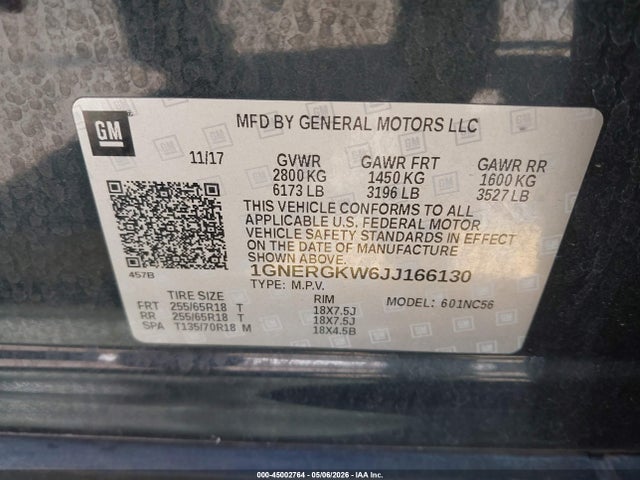 Aukcja sprzedaży 2018 Chevrolet Traverse 1lt, vin: 1GNERGKW6JJ166130, numer aukcji: 45002764