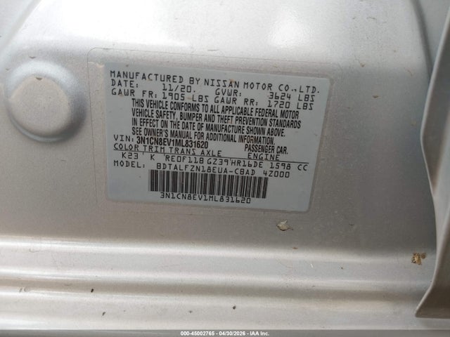 45002765 :رقم المزاد ، 3N1CN8EV1ML831620 vin ، 2021 Nissan Versa Sv Xtronic Cvt مزاد بيع
