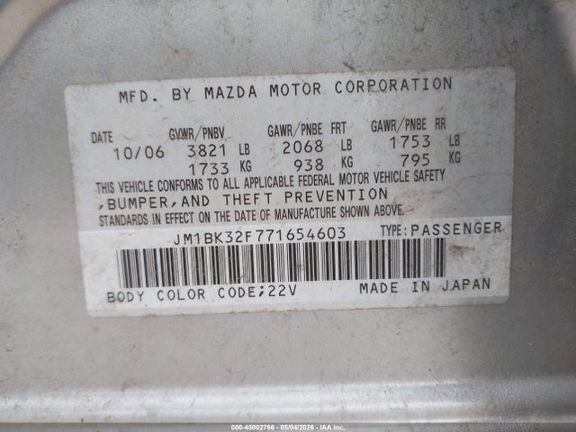 Aukcja sprzedaży 2007 Mazda Mazda3 I Sport, vin: JM1BK32F771654603, numer aukcji: 45002766