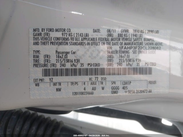 Aukcja sprzedaży 2012 Ford Focus Se, vin: 1FAHP3F22CL228082, numer aukcji: 45002767
