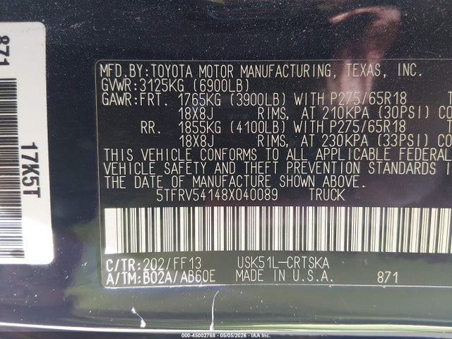 2008 Toyota Tundra Sr5 5.7l V8 მანქანა იყიდება აუქციონზე, vin: 5TFRV54148X040089, აუქციონის ნომერი: 45002768