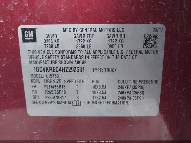 Продаж на аукціоні авто 2017 Chevrolet Silverado 1500 2lt, vin: 1GCVKREC4HZ293531, номер лоту: 45002777