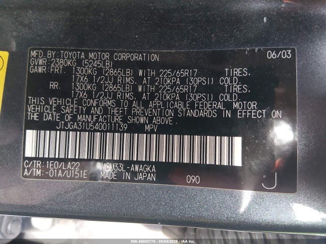 Продаж на аукціоні авто 2004 Lexus Rx 330, vin: JTJGA31U540011139, номер лоту: 45002778