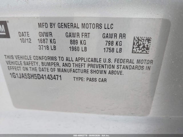 Продажа на аукционе авто 2013 Chevrolet Sonic Ls Auto, vin: 1G1JA5SH5D4143471, номер лота: 45002779