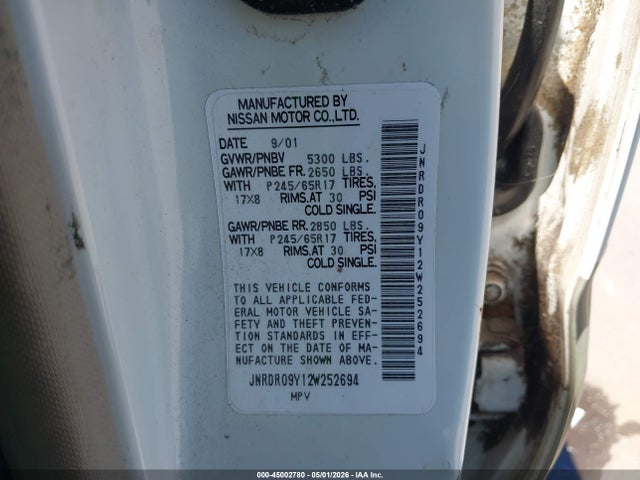 Продаж на аукціоні авто 2002 Infiniti Qx4 Luxury, vin: JNRDR09Y12W252694, номер лоту: 45002780