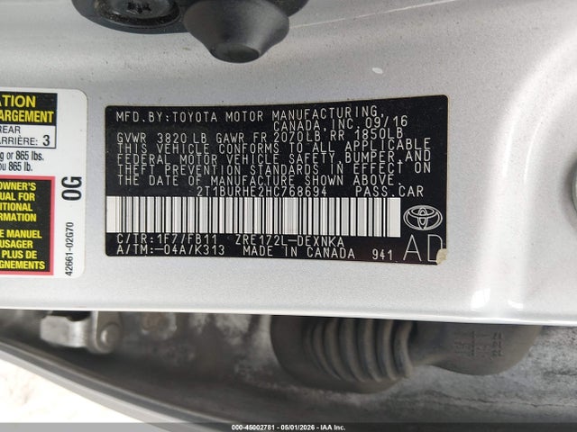 45002781 :رقم المزاد ، 2T1BURHE2HC768694 vin ، 2017 Toyota Corolla Le مزاد بيع