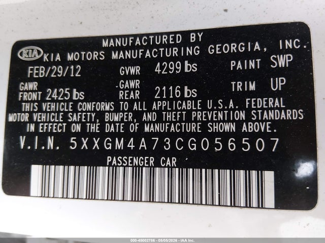 Продажа на аукционе авто 2012 Kia Optima Lx, vin: 5XXGM4A73CG056507, номер лота: 45002786