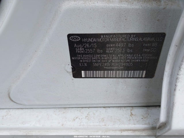 Aukcja sprzedaży 2016 Hyundai Sonata Se, vin: 5NPE24AF8GH294805, numer aukcji: 45002790