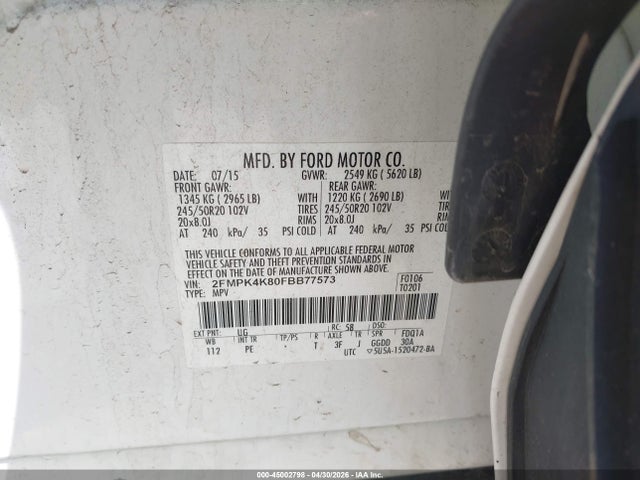 Продажа на аукционе авто 2015 Ford Edge Titanium, vin: 2FMPK4K80FBB77573, номер лота: 45002798