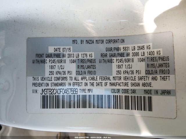 2015 Mazda Cx-9 Touring მანქანა იყიდება აუქციონზე, vin: JM3TB2CA0F0467569, აუქციონის ნომერი: 45002799