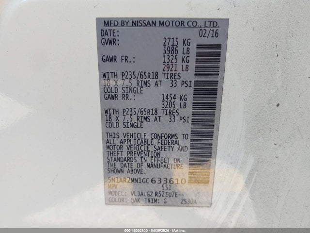 5N1AR2MN1GC633610 Nissan Pathfinder Sl