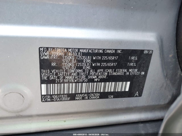 45002815 :رقم المزاد ، 2T3F1RFV9LW138750 vin ، 2020 Toyota Rav4 Le مزاد بيع