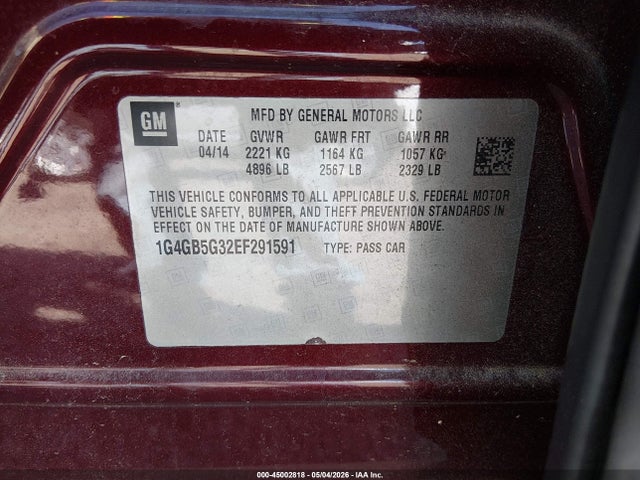 45002818 :رقم المزاد ، 1G4GB5G32EF291591 vin ، 2014 Buick Lacrosse Leather Group مزاد بيع