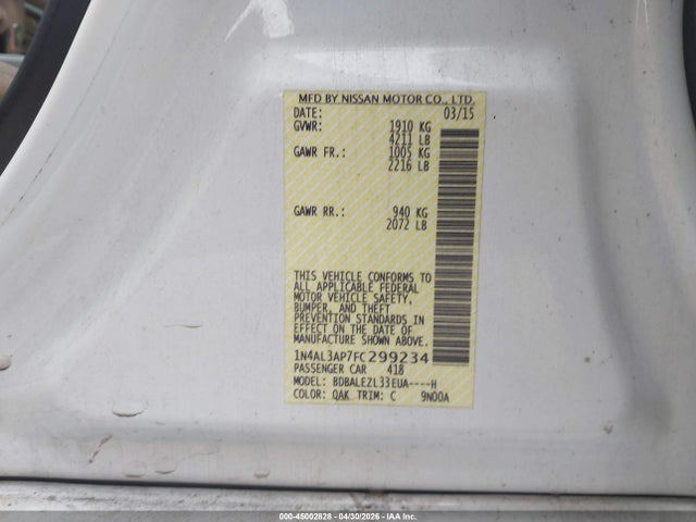 45002828 :رقم المزاد ، 1N4AL3AP7FC299234 vin ، 2015 Nissan Altima 2.5 S مزاد بيع