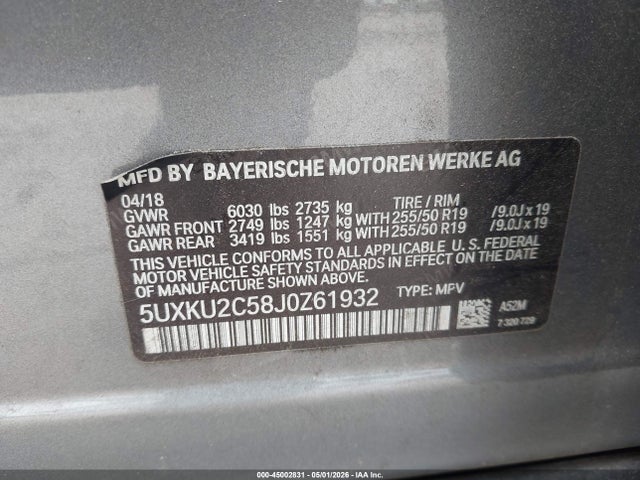 45002831 :رقم المزاد ، 5UXKU2C58J0Z61932 vin ، 2018 Bmw X6 Xdrive35i مزاد بيع