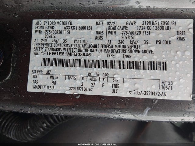 Продаж на аукціоні авто 2021 Ford F-150 Platinum, vin: 1FTFW1E81MFB03945, номер лоту: 45002833