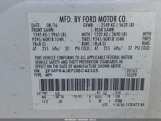 Aukcja sprzedaży 2016 Ford Edge Sel, vin: 2FMPK4J87GBC42325, numer aukcji: 45002837