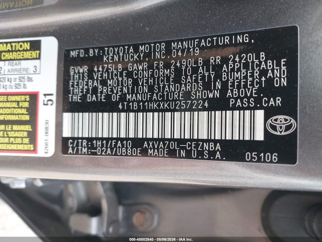 4T1B11HKXKU257224 Toyota CAMRY LE
